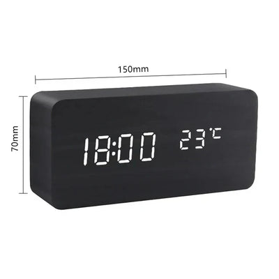 Réveil numérique en bois - écran LED, commande vocale, luminosité réglable
