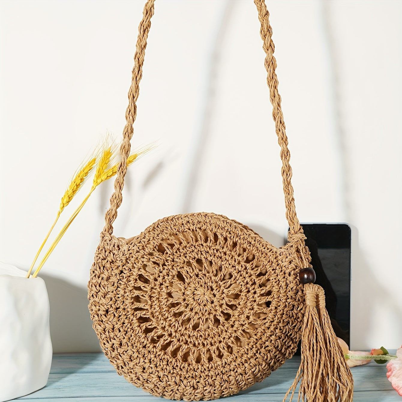 Amelia | Bolsa de crossbody geométrica redonda feita à mão com borlas