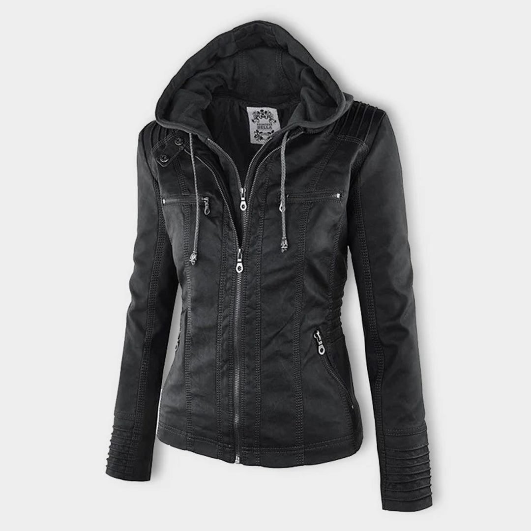 Jaqueta de couro PU com capuz feminino
