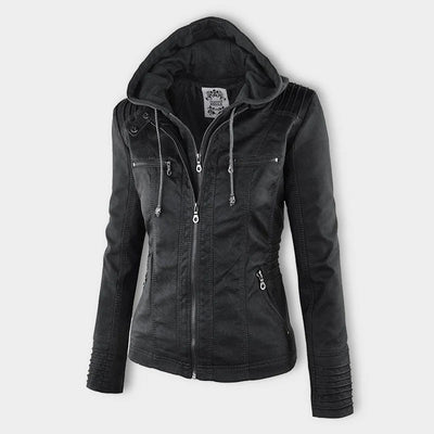 Jaqueta de couro PU com capuz feminino