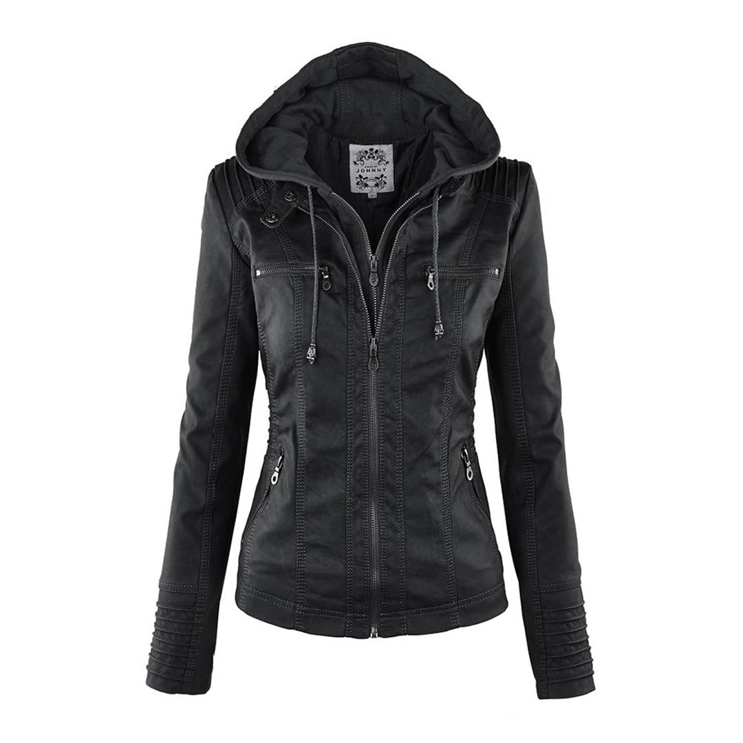 Jaqueta de couro PU com capuz feminino