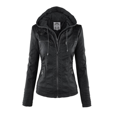 Jaqueta de couro PU com capuz feminino