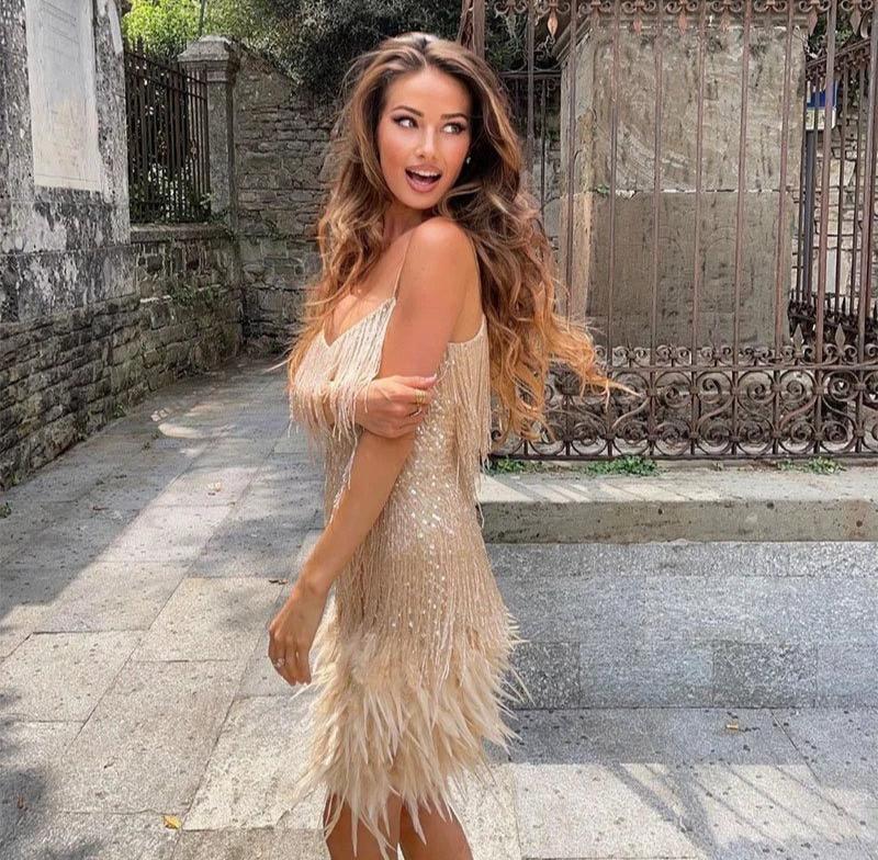 Cocktailkleid für Damen mit Fransen und Federn