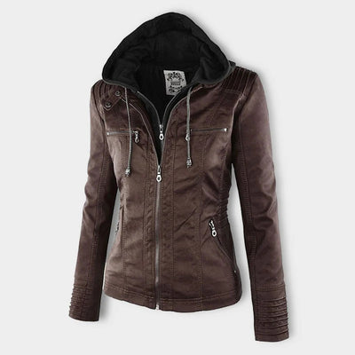 Jaqueta de couro PU com capuz feminino