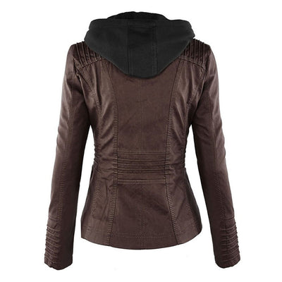 Jaqueta de couro PU com capuz feminino