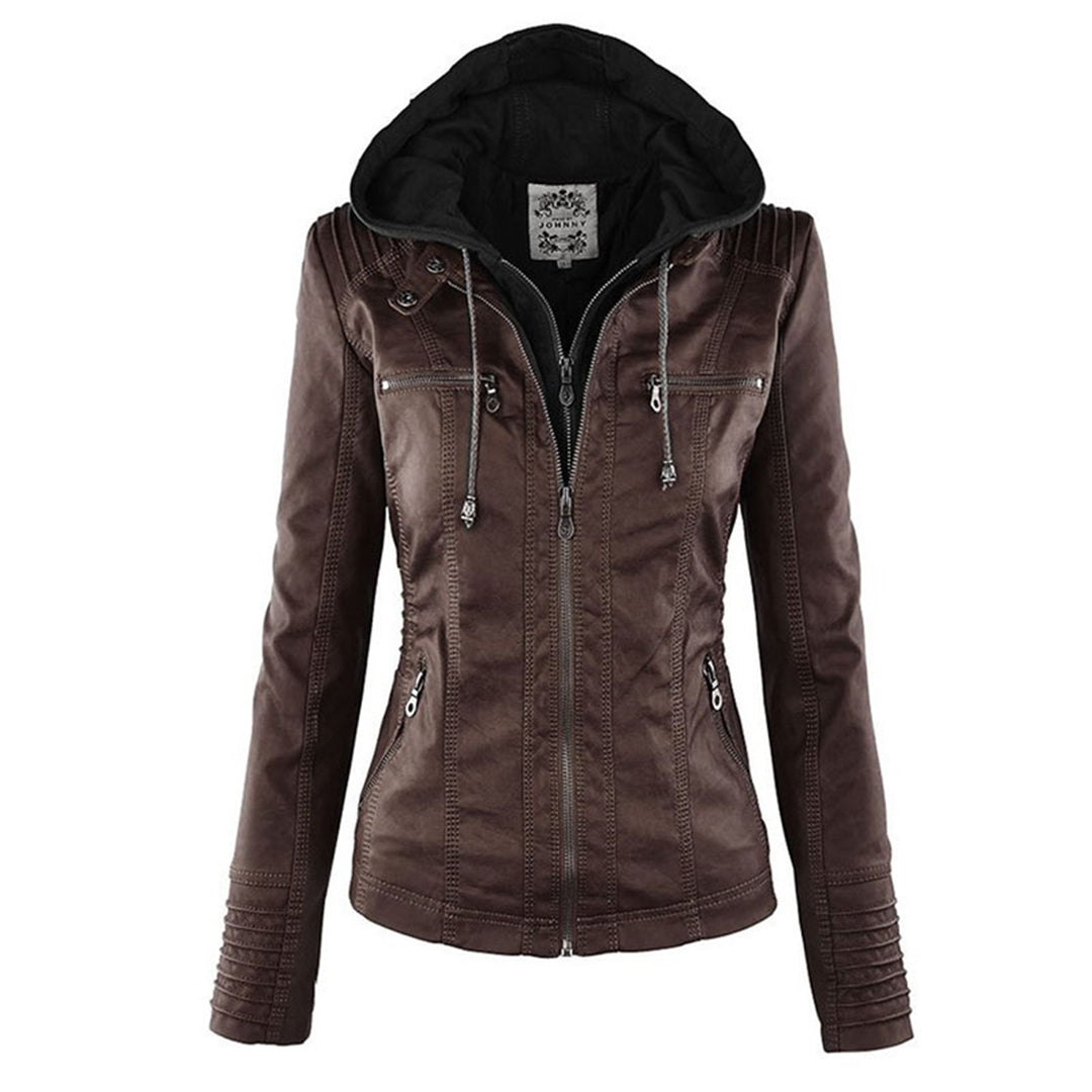 Jaqueta de couro PU com capuz feminino