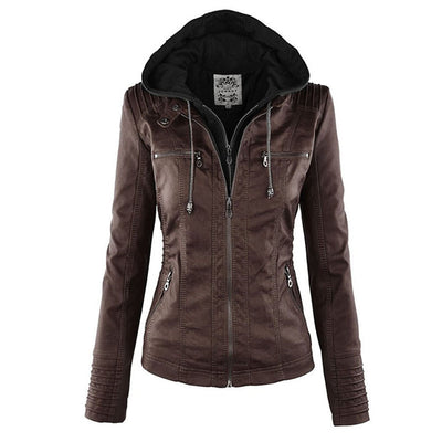 Jaqueta de couro PU com capuz feminino