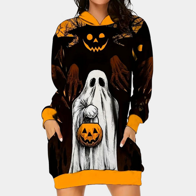 Vestido de Halloween con capucha, estampado con motivos de fantasmas y calabazas