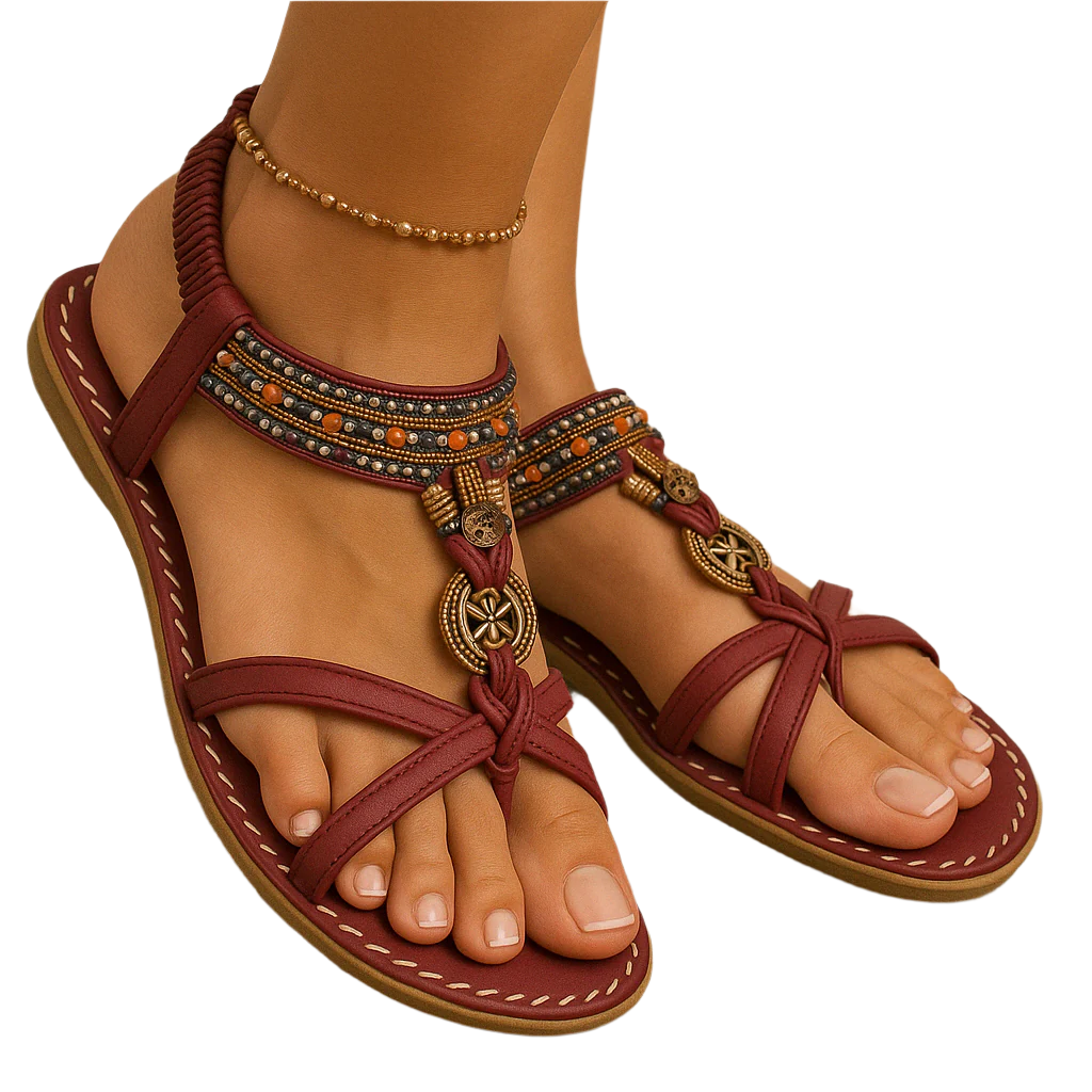 Sandálias Boho de verão para mulheres com tiras de contas e puxa o calcanhar