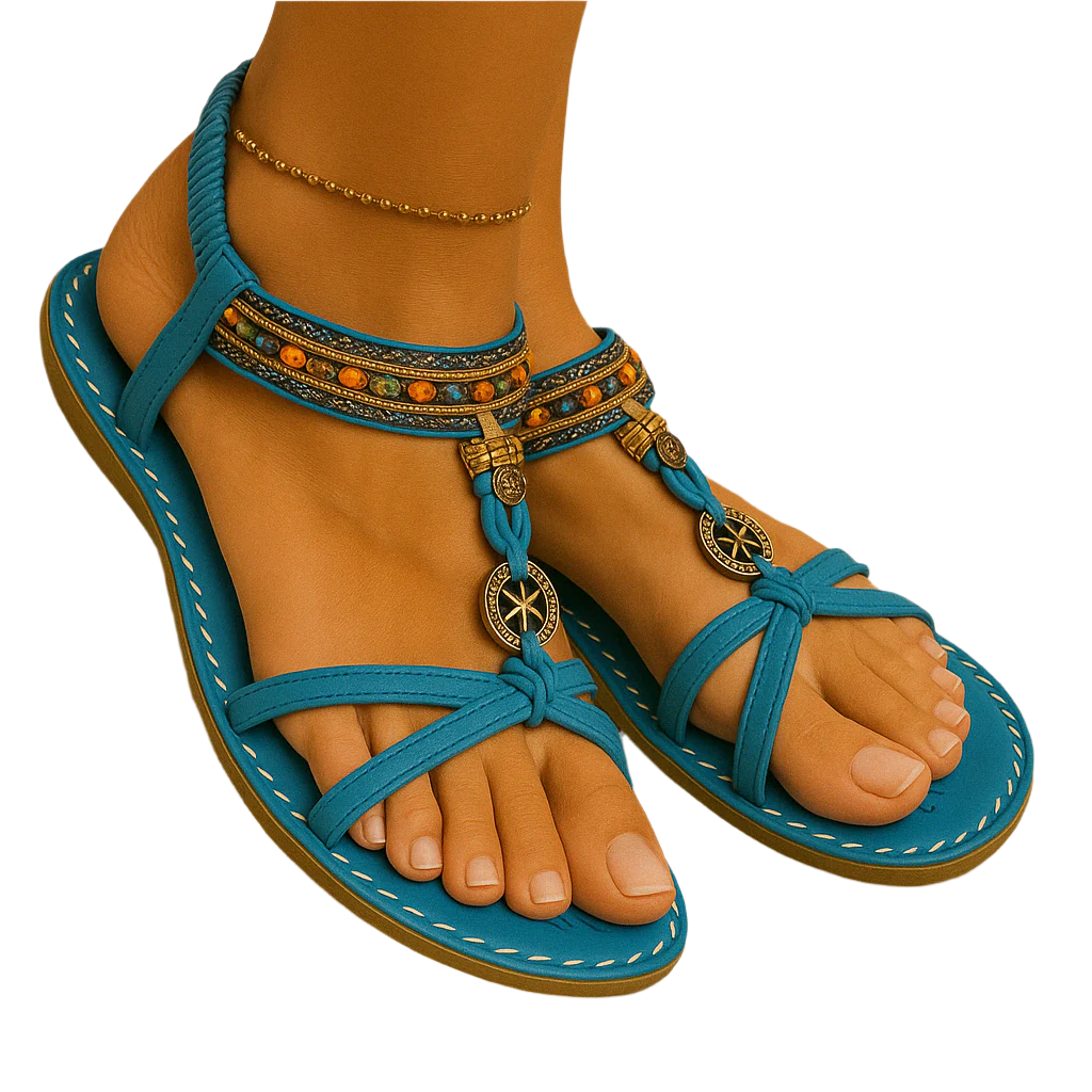 Sandálias Boho de verão para mulheres com tiras de contas e puxa o calcanhar