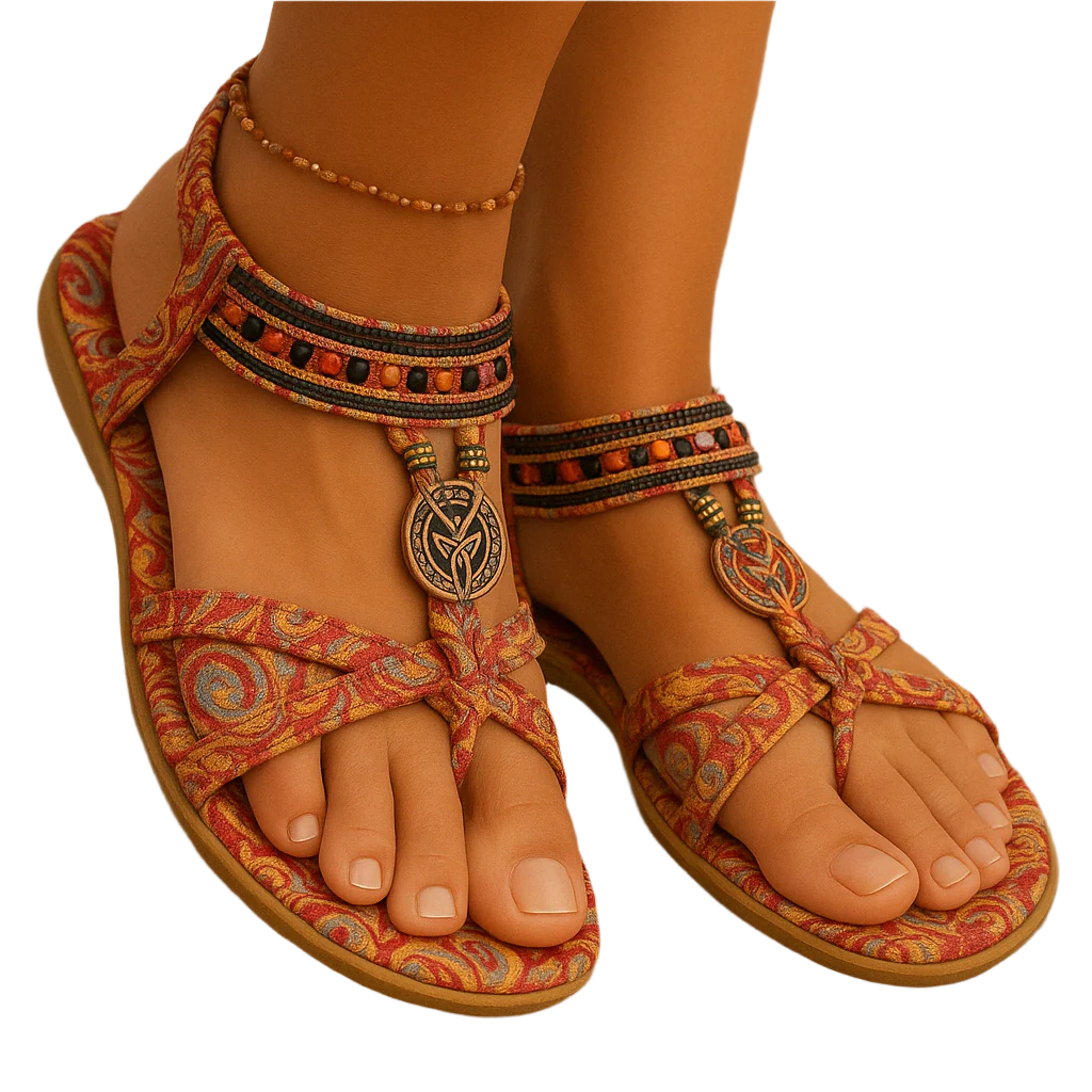 Sandálias Boho de verão para mulheres com tiras de contas e puxa o calcanhar