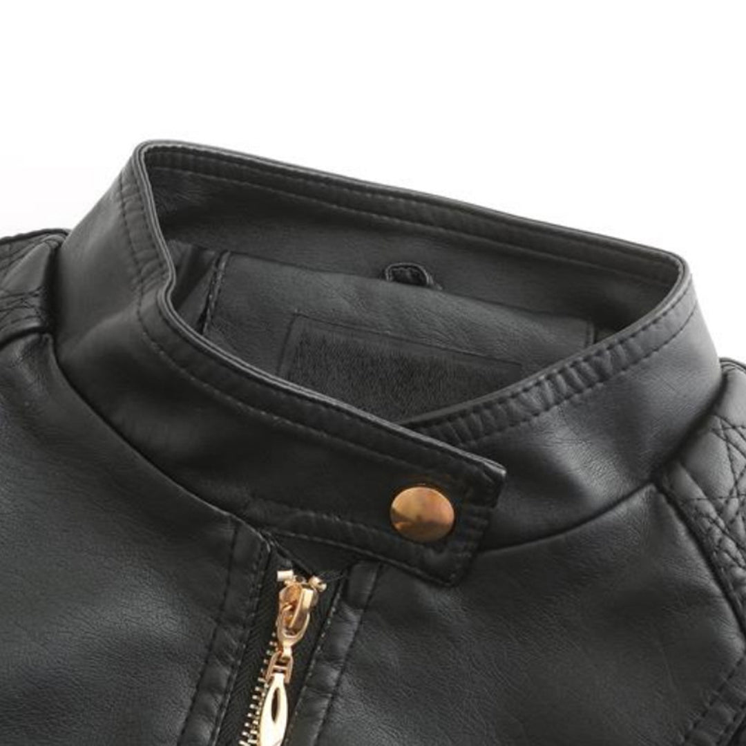 Jaqueta de couro PU com pescoço levantado feminino