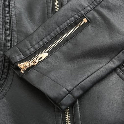 Jaqueta de couro PU com pescoço levantado feminino