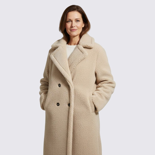Damen Mantel mit Knopfleiste – Teddy Mantel – Lang Geschnitten