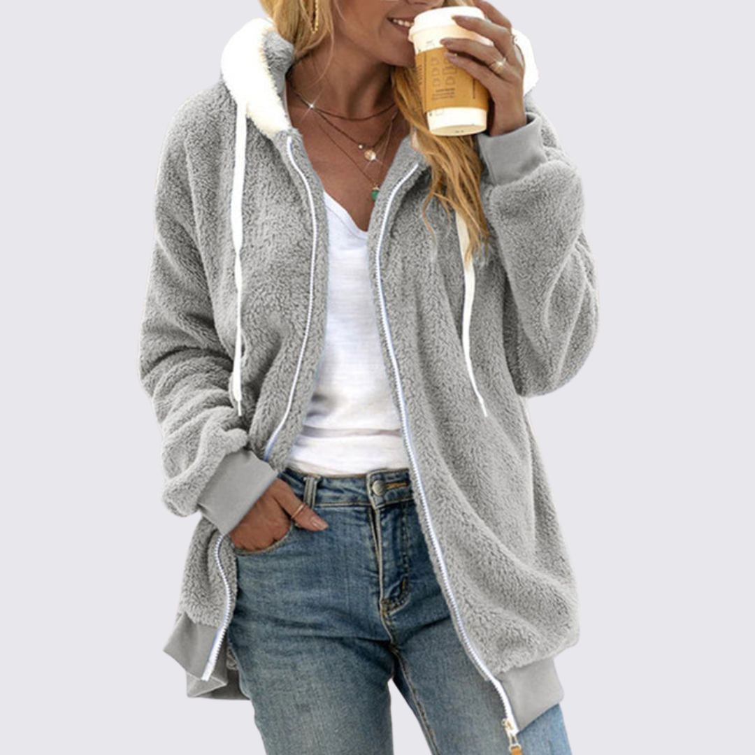 Damen Teddy Jacke mit Kapuze – Reißverschluss – Bequemer Schnitt