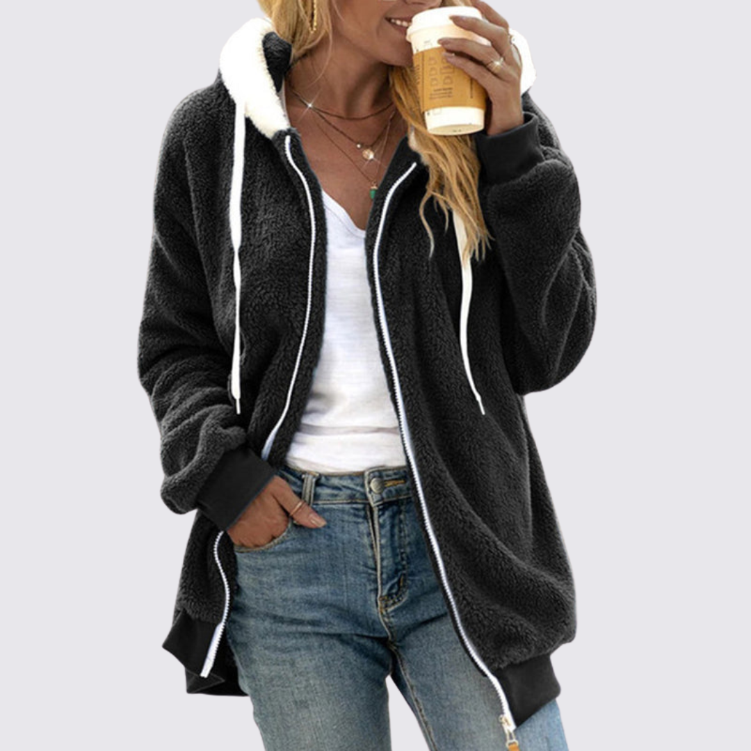 Damen Teddy Jacke mit Kapuze – Reißverschluss – Bequemer Schnitt