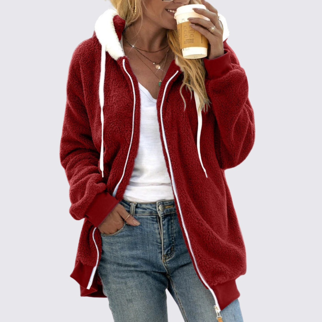 Damen Teddy Jacke mit Kapuze – Reißverschluss – Bequemer Schnitt