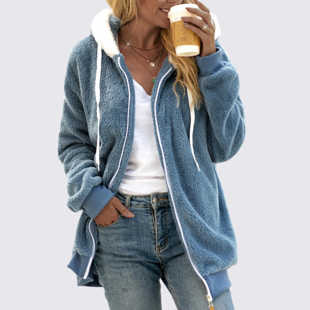Damen Teddy Jacke mit Kapuze – Reißverschluss – Bequemer Schnitt