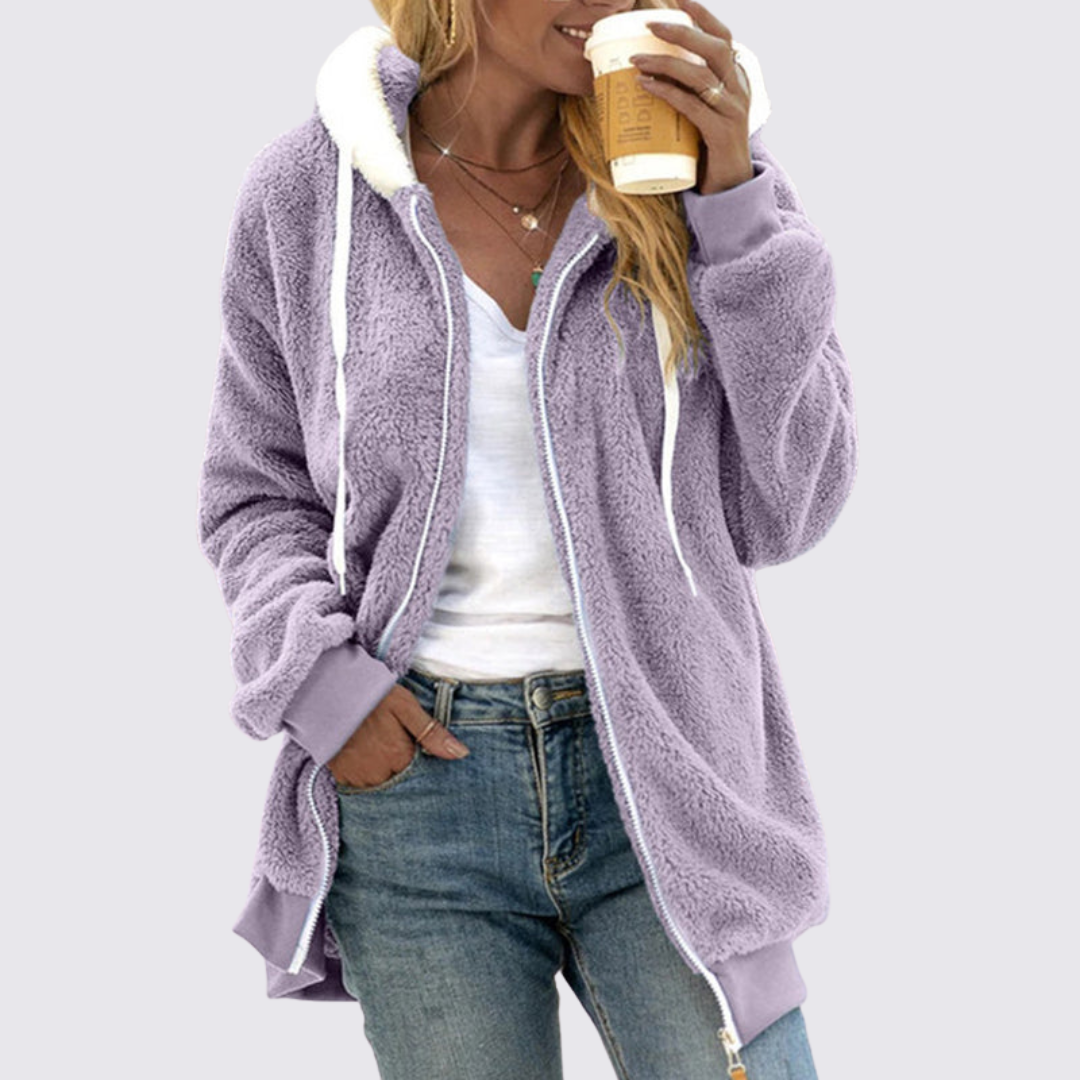 Damen Teddy Jacke mit Kapuze – Reißverschluss – Bequemer Schnitt