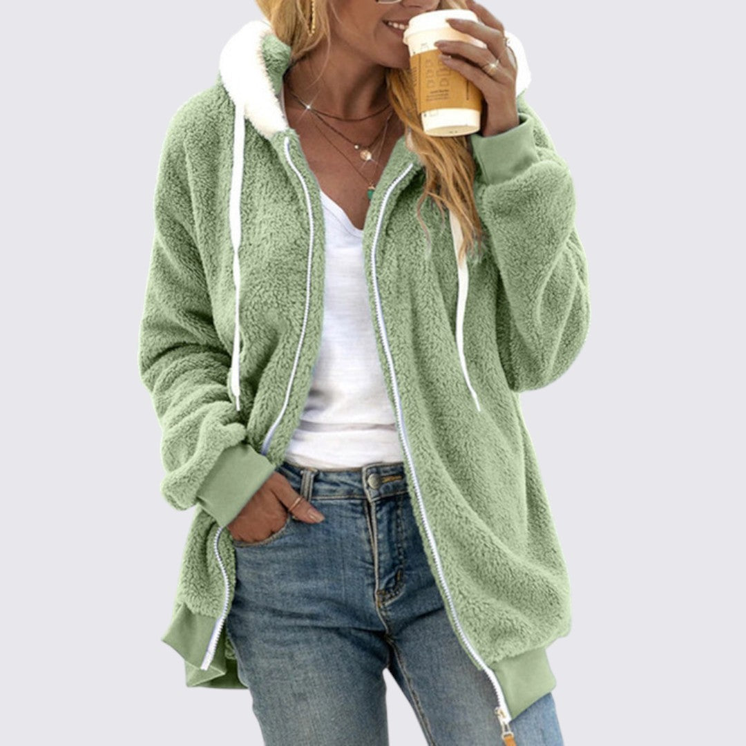 Damen Teddy Jacke mit Kapuze – Reißverschluss – Bequemer Schnitt