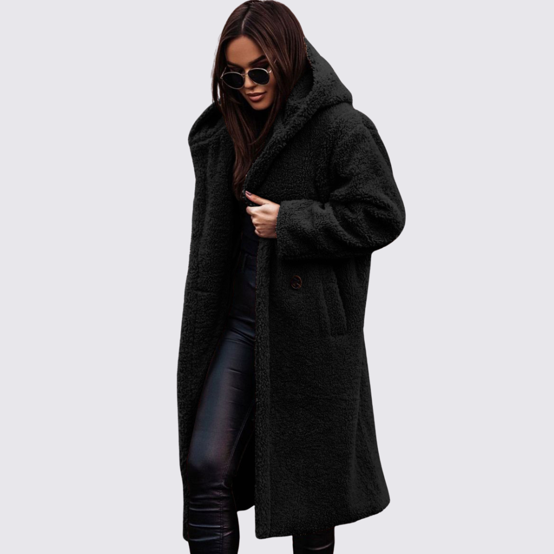 Damen Teddy Mantel mit Kapuze – Lang Geschnitten – Kuschelig Warm