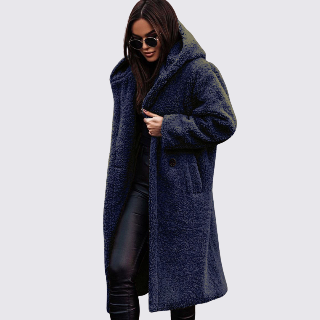 Damen Teddy Mantel mit Kapuze – Lang Geschnitten – Kuschelig Warm