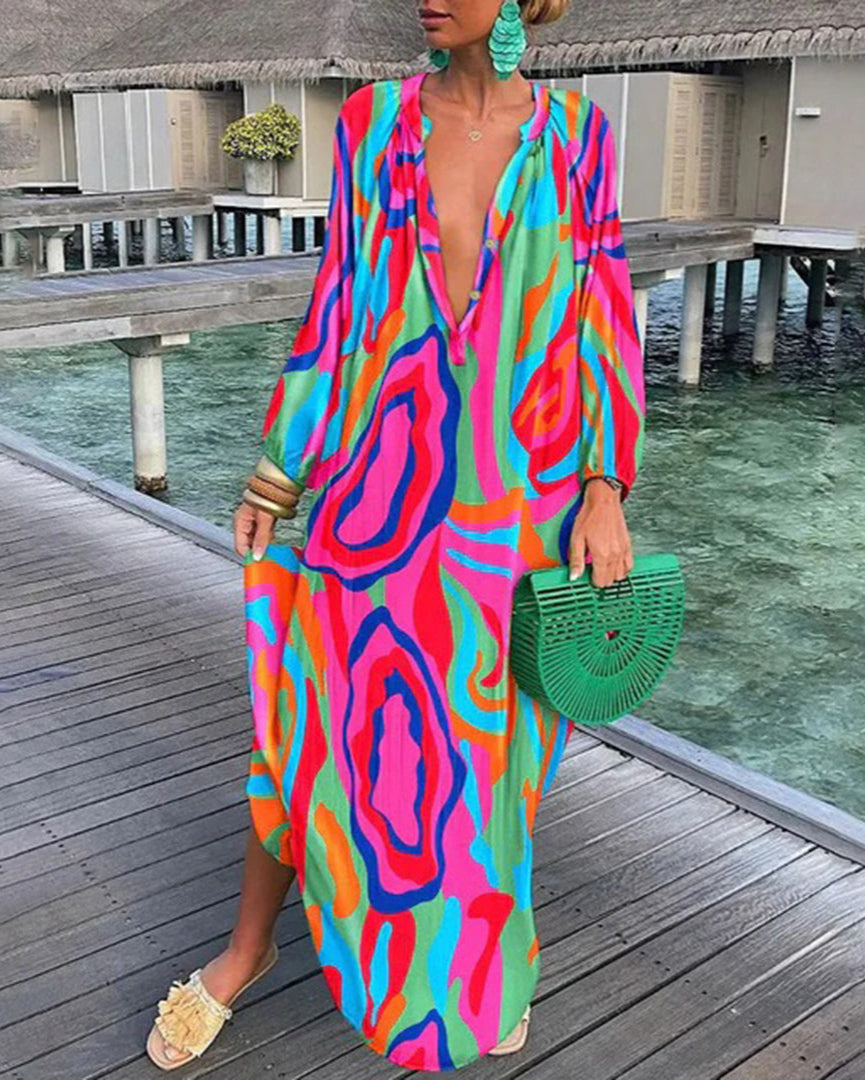 Dorinne | Boho Frühlingskleid Damen - Stylisches langes Kleid mit luftigen Ärmeln