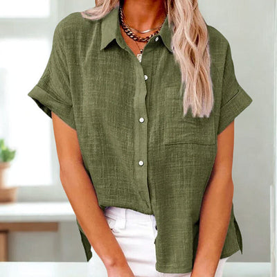 Camisa de linho abotoada feminina com bolso de patch