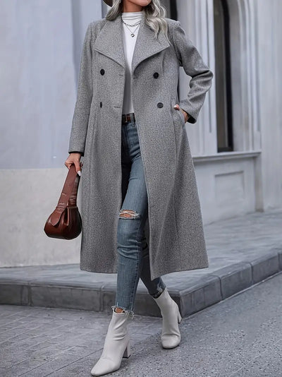 Elegante abrigo de punto de doble botonadura para mujer - color liso