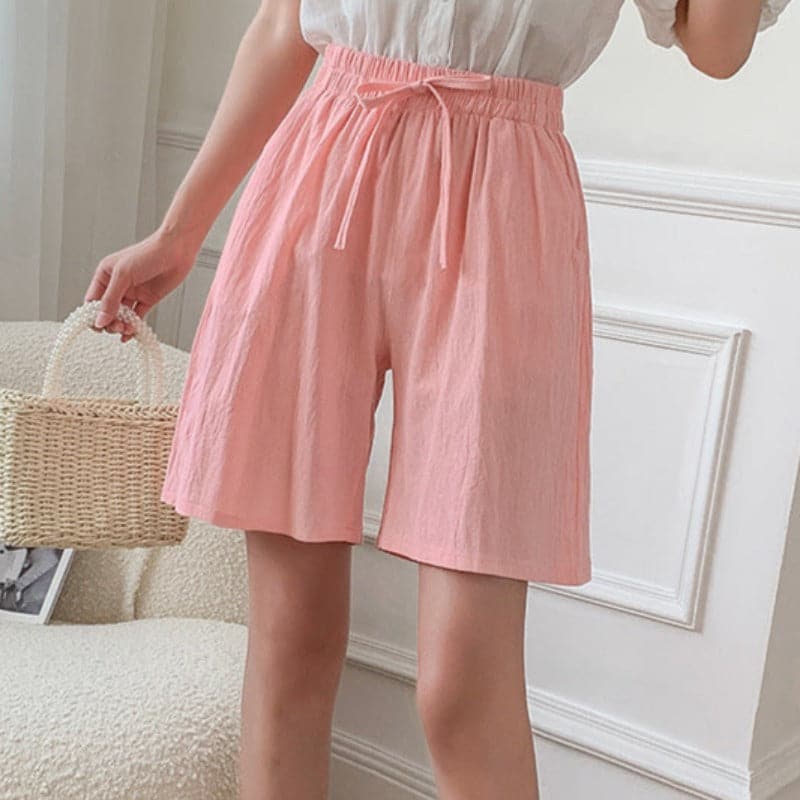 Shorts femininos para o joelho - corte relaxado - cintura elástica - fibras naturais respiráveis