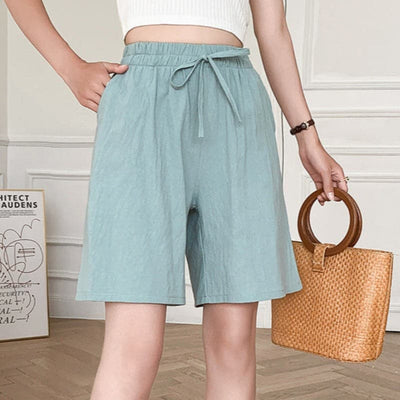 Shorts femininos para o joelho - corte relaxado - cintura elástica - fibras naturais respiráveis