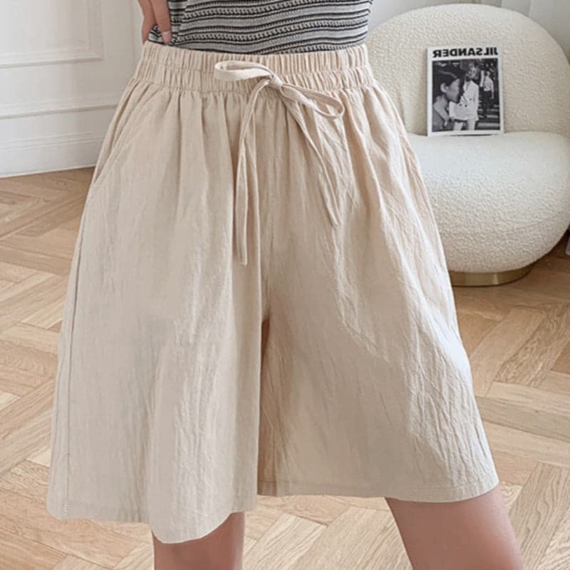 Shorts femininos para o joelho - corte relaxado - cintura elástica - fibras naturais respiráveis