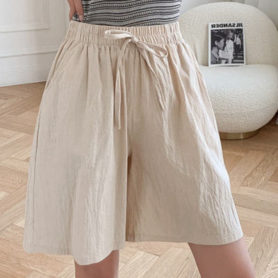 Shorts femininos para o joelho - corte relaxado - cintura elástica - fibras naturais respiráveis