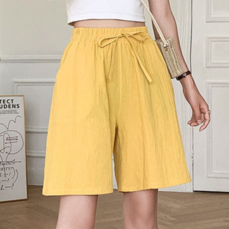 Shorts femininos para o joelho - corte relaxado - cintura elástica - fibras naturais respiráveis