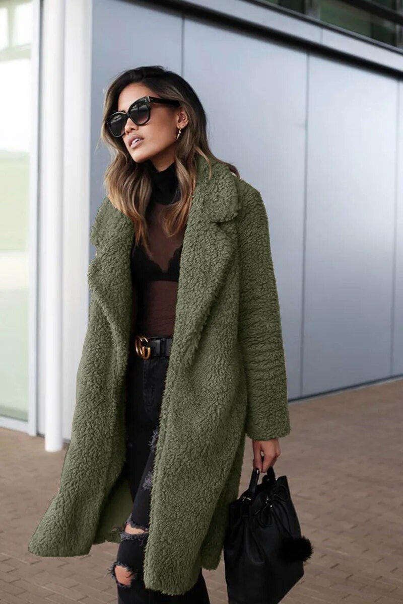 Weicher und warmer langer Damen Teddy Mantel | Übergroße Winter Plüsch Jacke