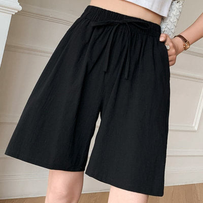 Shorts femininos para o joelho - corte relaxado - cintura elástica - fibras naturais respiráveis