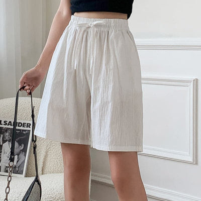 Shorts femininos para o joelho - corte relaxado - cintura elástica - fibras naturais respiráveis