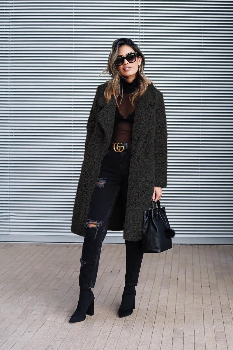 Weicher und warmer langer Damen Teddy Mantel | Übergroße Winter Plüsch Jacke
