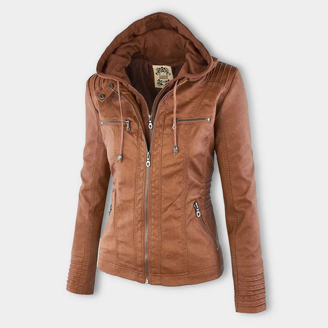 Jaqueta de couro PU com capuz feminino