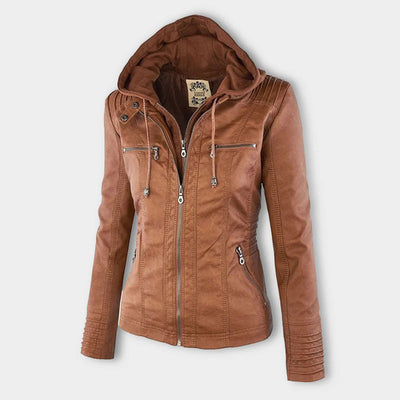 Jaqueta de couro PU com capuz feminino