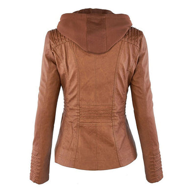 Jaqueta de couro PU com capuz feminino