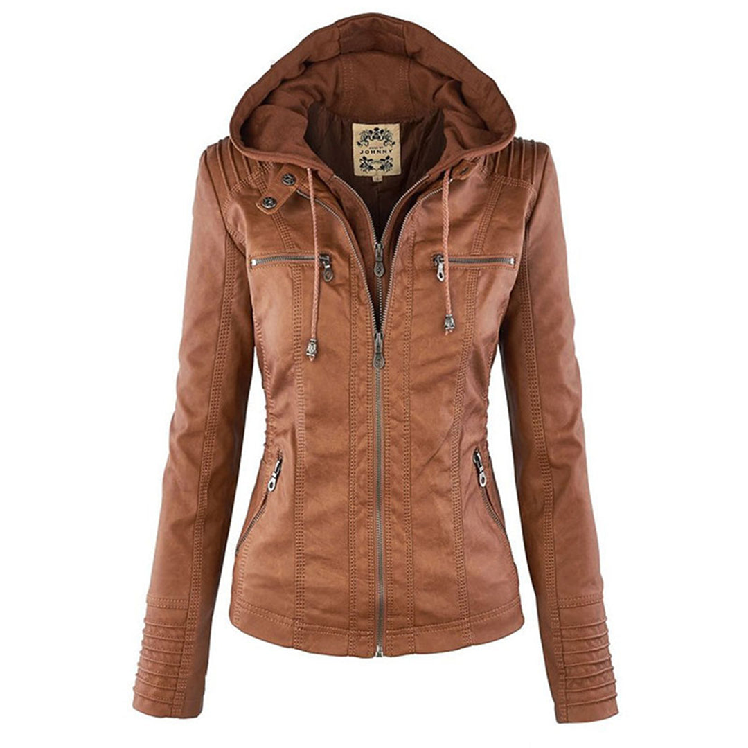 Jaqueta de couro PU com capuz feminino