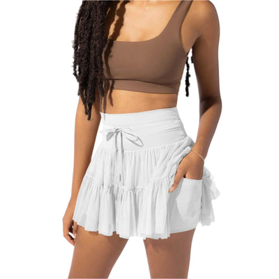 Mulher Minifalda Cintura alta com dobras e shorts integrados