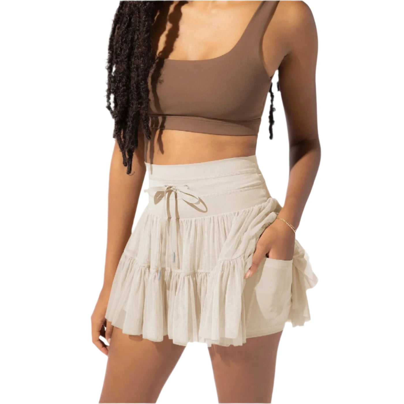 Mulher Minifalda Cintura alta com dobras e shorts integrados