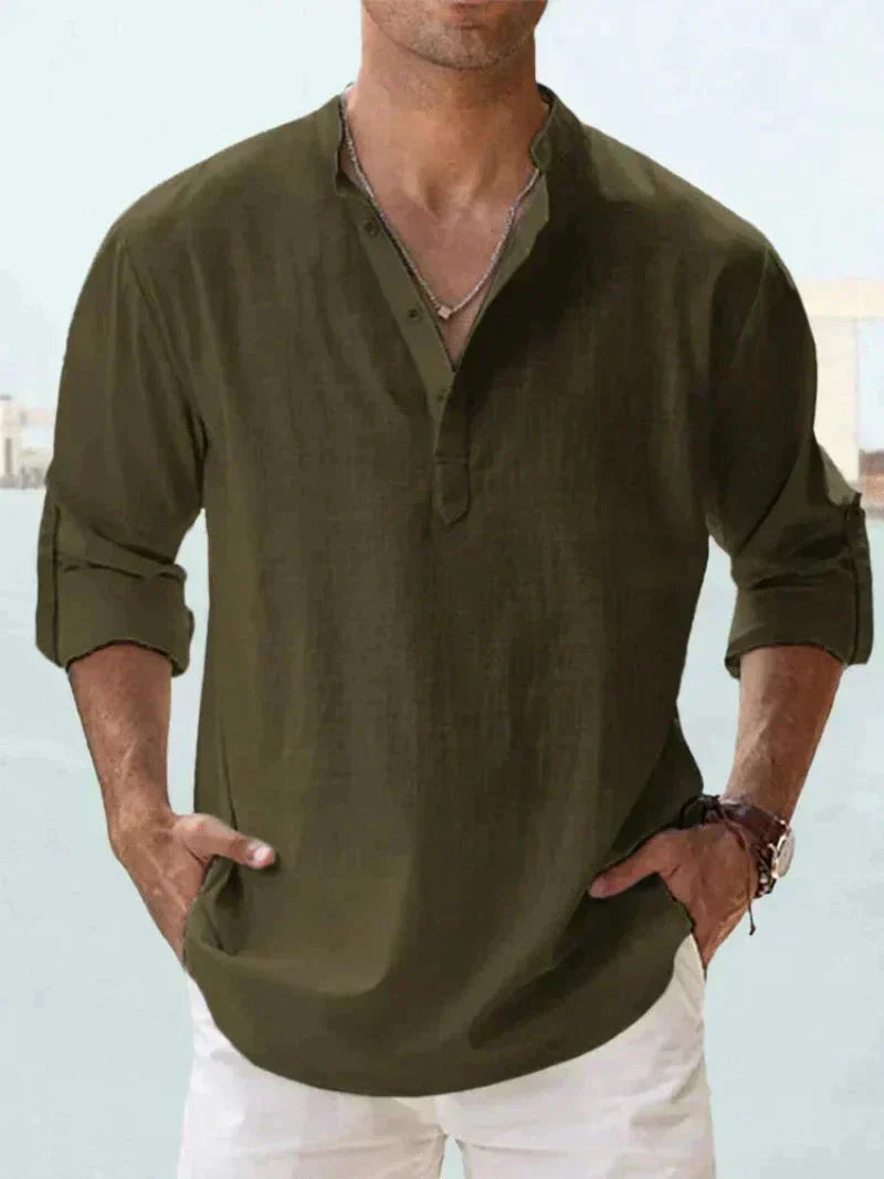 Camisa de verão masculina na mistura de linho - manga longa - primavera, verão