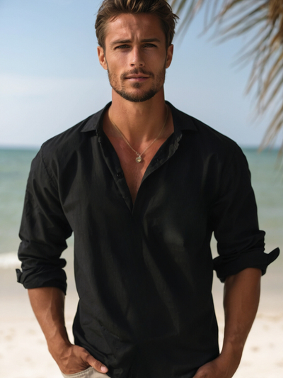 Camisa de verão masculina na mistura de linho - manga longa - primavera, verão