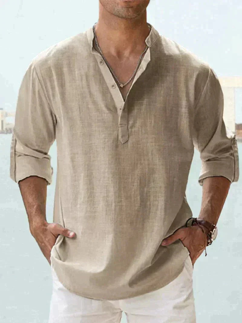 Camisa de verão masculina na mistura de linho - manga longa - primavera, verão