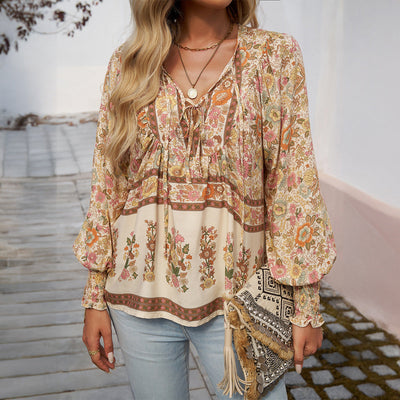 Blusa Boho Blusa Mulher de decote comprido com arco de tecido fresco