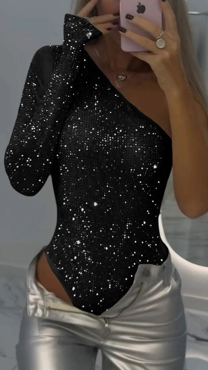 Boridashop | One-Shoulder-Pailletten-Top mit Strasssteinen