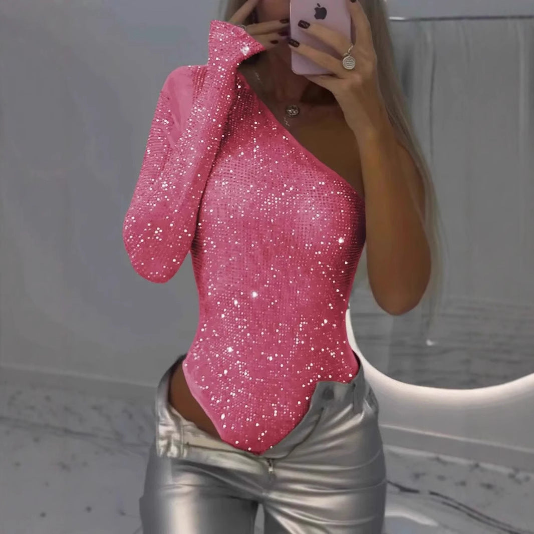 Boridashop | One-Shoulder-Pailletten-Top mit Strasssteinen